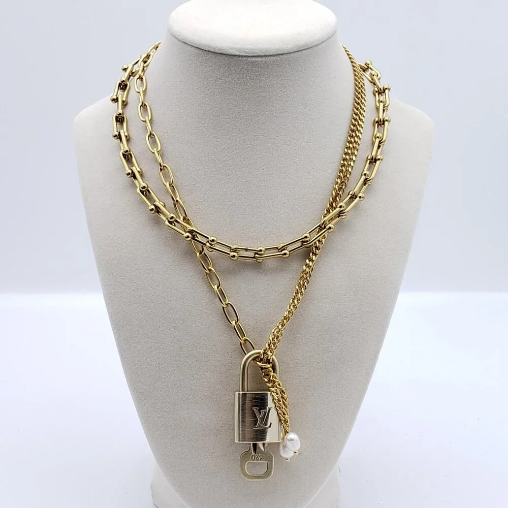 Double Chain Necklace with Authentic Louis Vuitton Padlock Pendant & Fresh Pearl